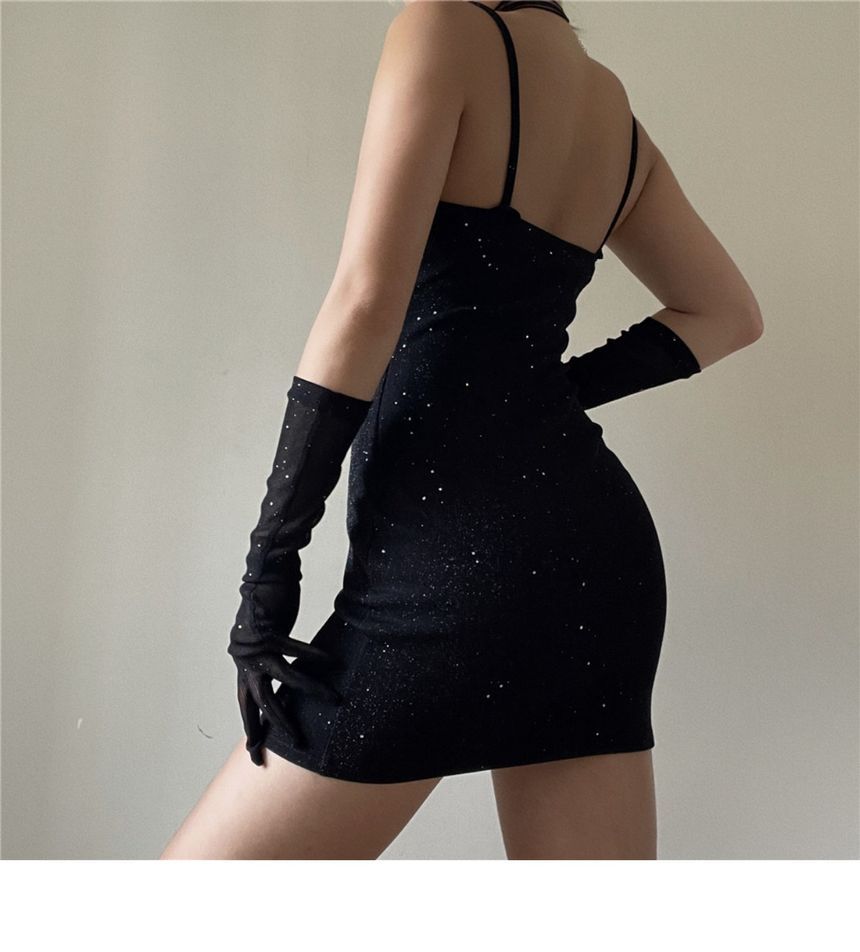 Set: Spaghetti Strap Sweetheart Neckline Rhinestone Mini Bodycon Dress + Long Gloves