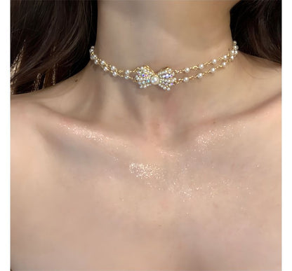 Pearl Layered Alloy Faux Choker Bow