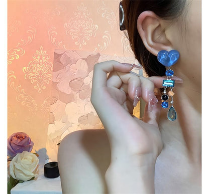 Earring Alloy Rhinestone Fringed Heart