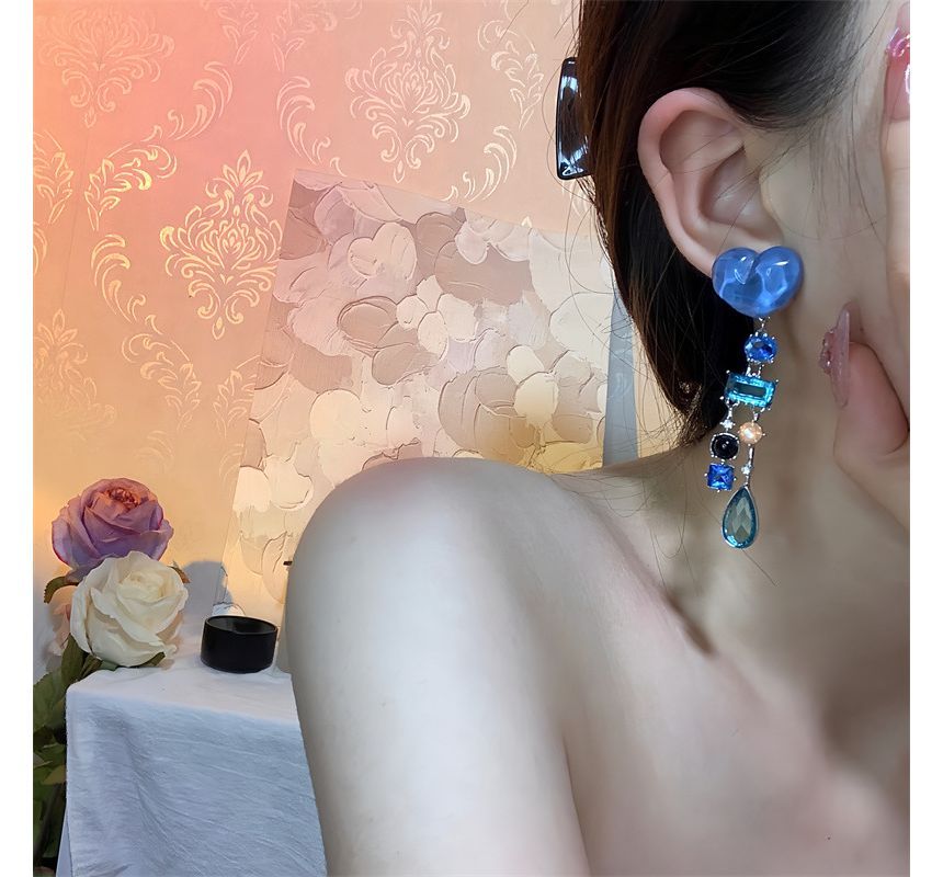 Earring Alloy Rhinestone Fringed Heart