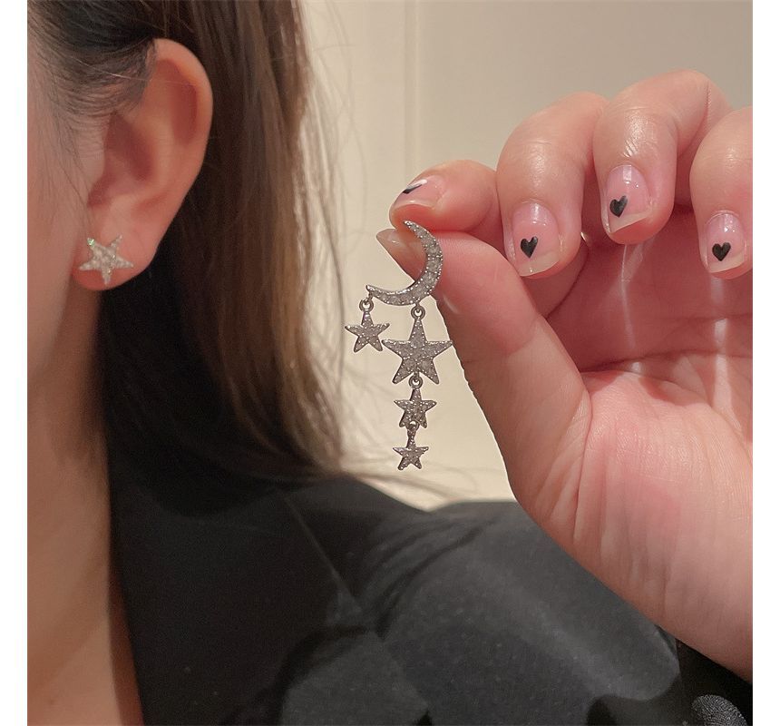 Alloy Star Asymmetrical Fringed Moon Earring