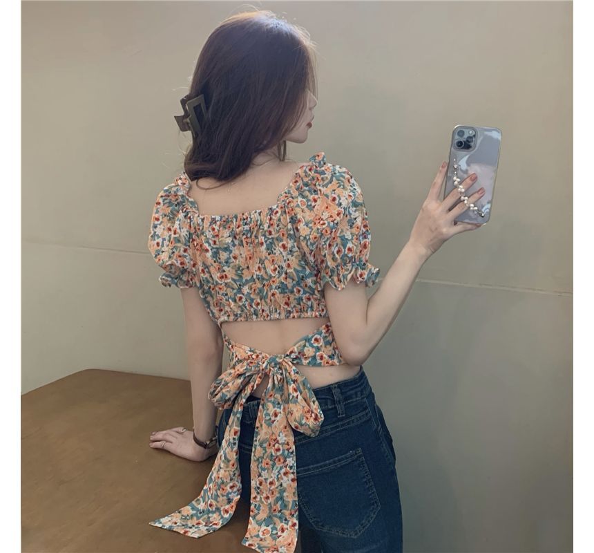 Puff-Sleeve Square-Neck Floral Print Ruffled Bow Back Crop Blouse