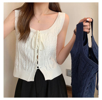 Knit Vest Cable-Knit Lace-Up
