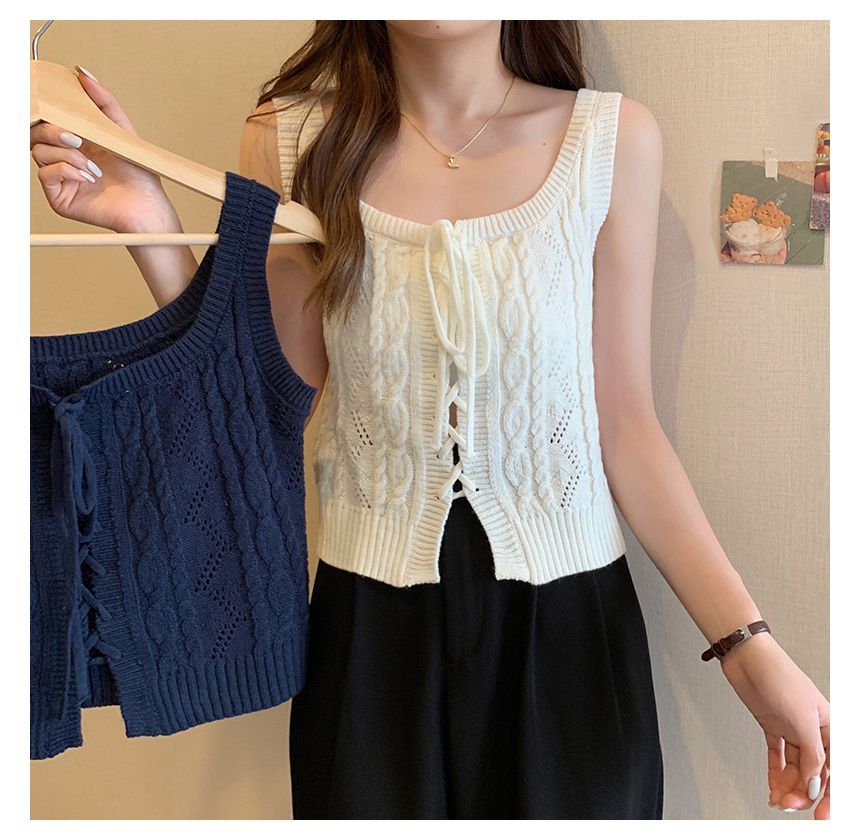 Knit Vest Cable-Knit Lace-Up