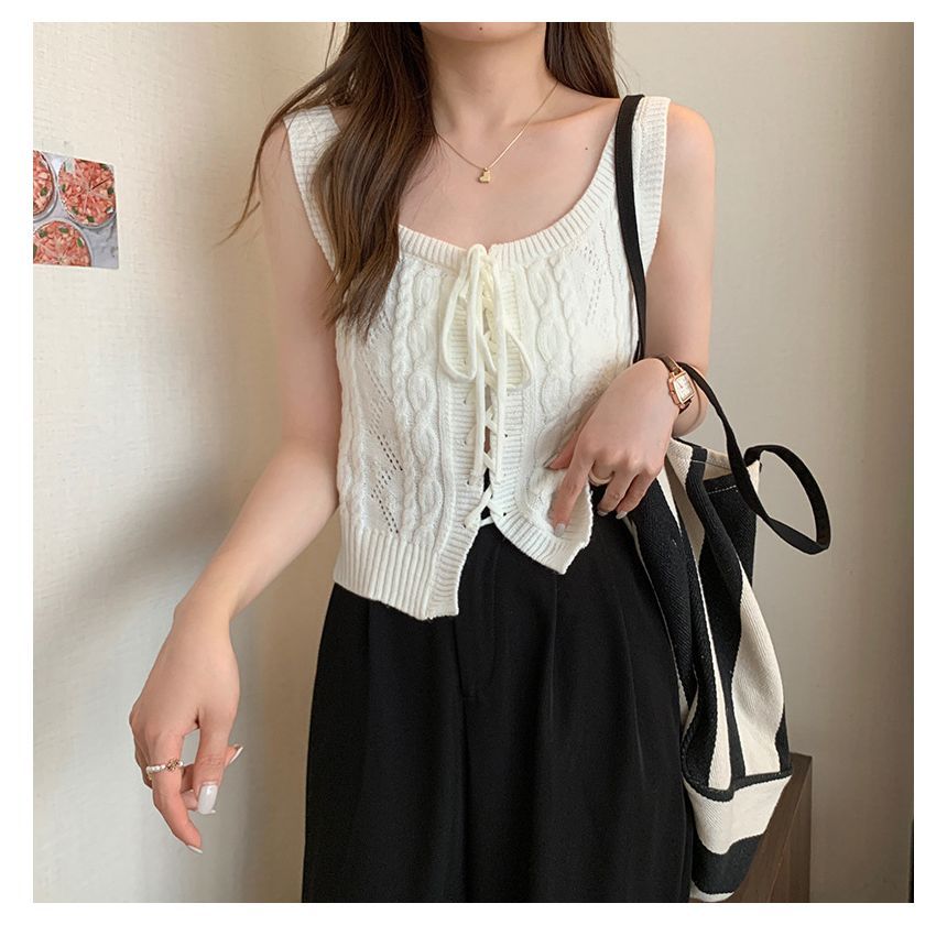 Knit Vest Cable-Knit Lace-Up