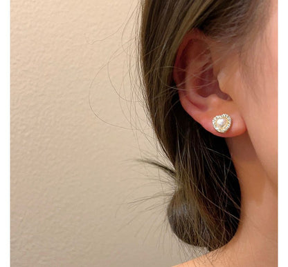 Clip-On Heart Earring Pearl Rhinestone Stud Faux /