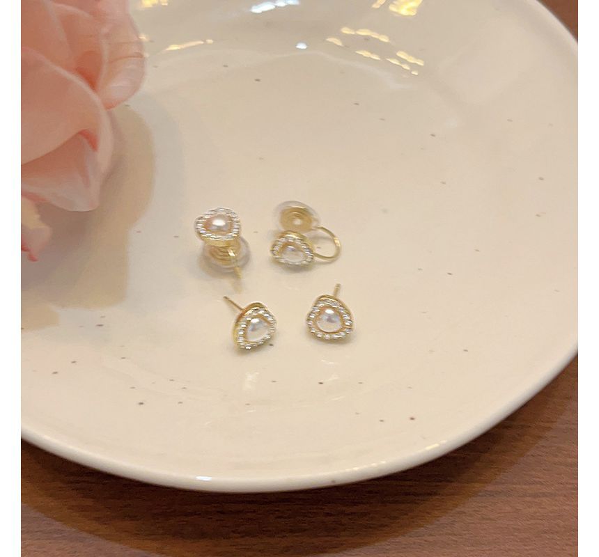 Clip-On Heart Earring Pearl Rhinestone Stud Faux /