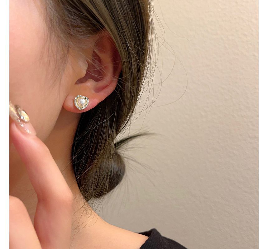 Clip-On Heart Earring Pearl Rhinestone Stud Faux /