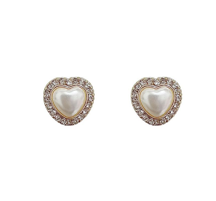 Clip-On Heart Earring Pearl Rhinestone Stud Faux /