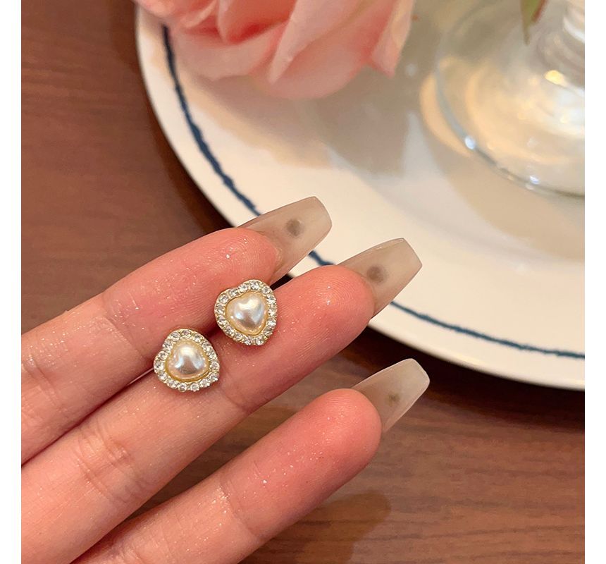 Clip-On Heart Earring Pearl Rhinestone Stud Faux /
