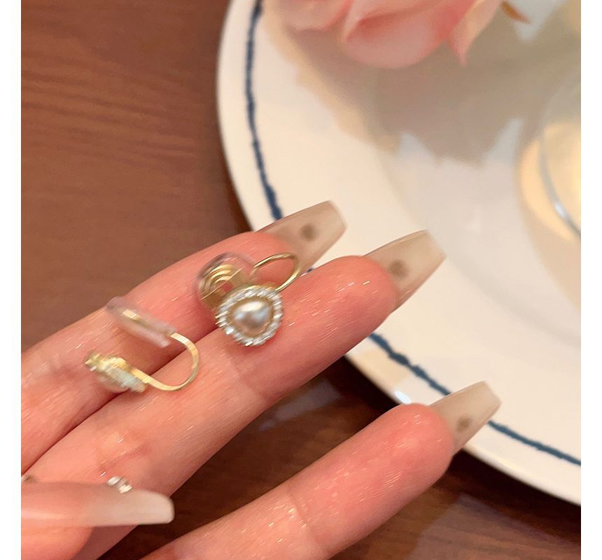 Clip-On Heart Earring Pearl Rhinestone Stud Faux /