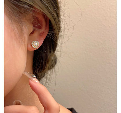 Clip-On Heart Earring Pearl Rhinestone Stud Faux /