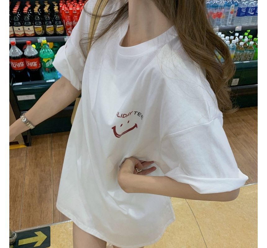Short-Sleeve Crew Neck Smiley Face Print Tunic Tee