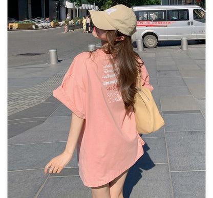 Short-Sleeve Crew Neck Smiley Face Print Tunic Tee