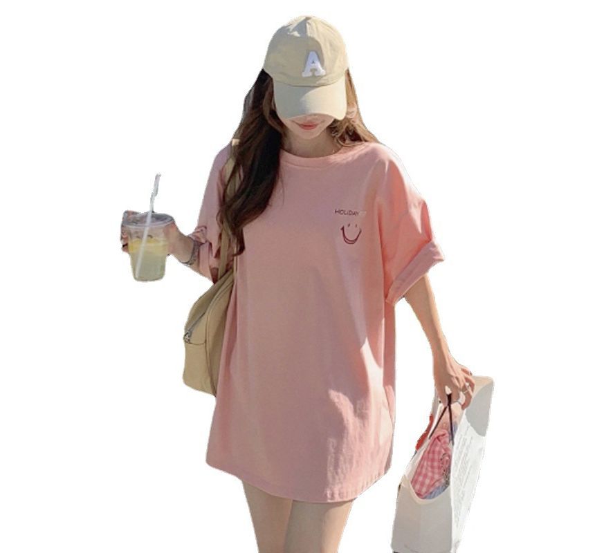 Short-Sleeve Crew Neck Smiley Face Print Tunic Tee