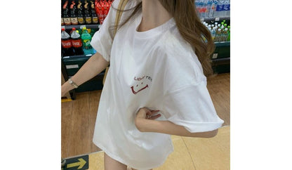 Short-Sleeve Crew Neck Smiley Face Print Tunic Tee