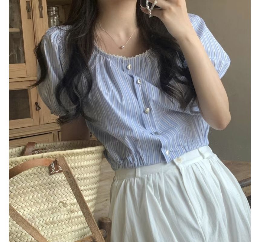 Short-Sleeve Round Neck Striped Blouse