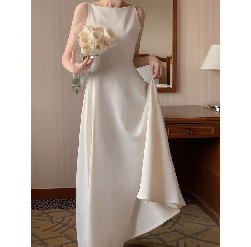 Spaghetti Strap Crew Neck Plain Maxi A-Line Dress