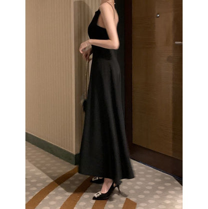 Spaghetti Strap Crew Neck Plain Maxi A-Line Dress