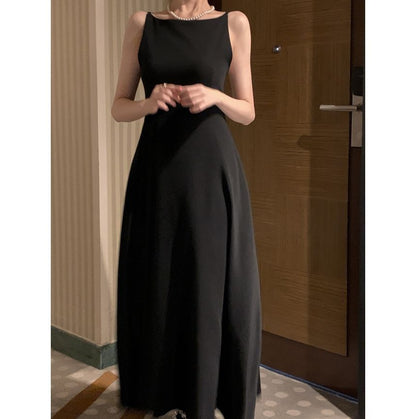 Spaghetti Strap Crew Neck Plain Maxi A-Line Dress