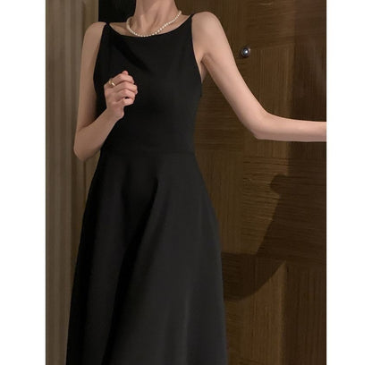 Spaghetti Strap Crew Neck Plain Maxi A-Line Dress
