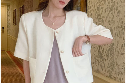 Short-Sleeve Scoop Neck Plain Button Jacket