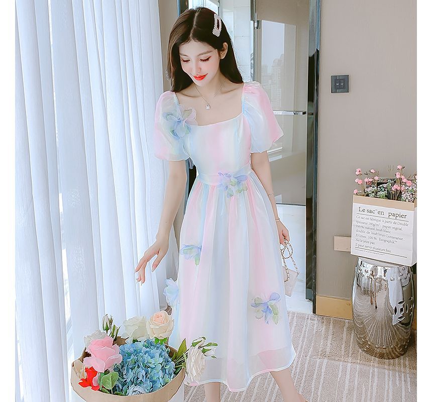 Puff Sleeve Square Neck Gradient Flower Detail A-Line Dress (Various Designs)