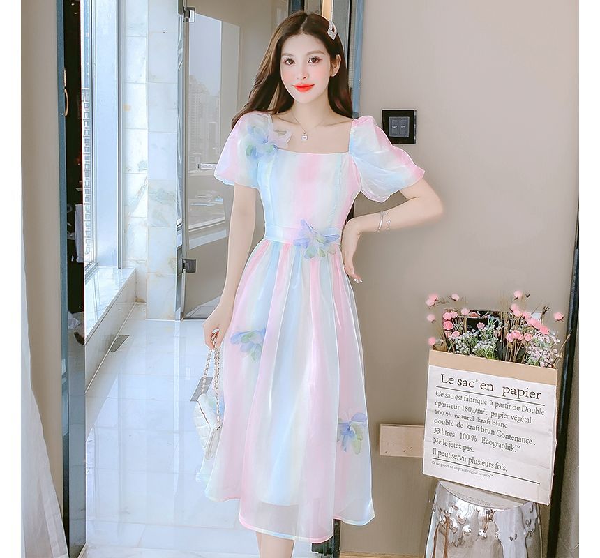 Puff Sleeve Square Neck Gradient Flower Detail A-Line Dress (Various Designs)