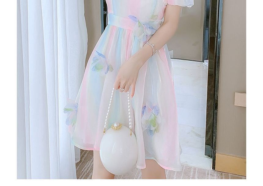 Puff Sleeve Square Neck Gradient Flower Detail A-Line Dress (Various Designs)