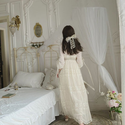 Maxi-A-Linien-Kleid aus Spitze mit 3/4-Ärmeln, V-Ausschnitt, Bindegürtel in der Taille