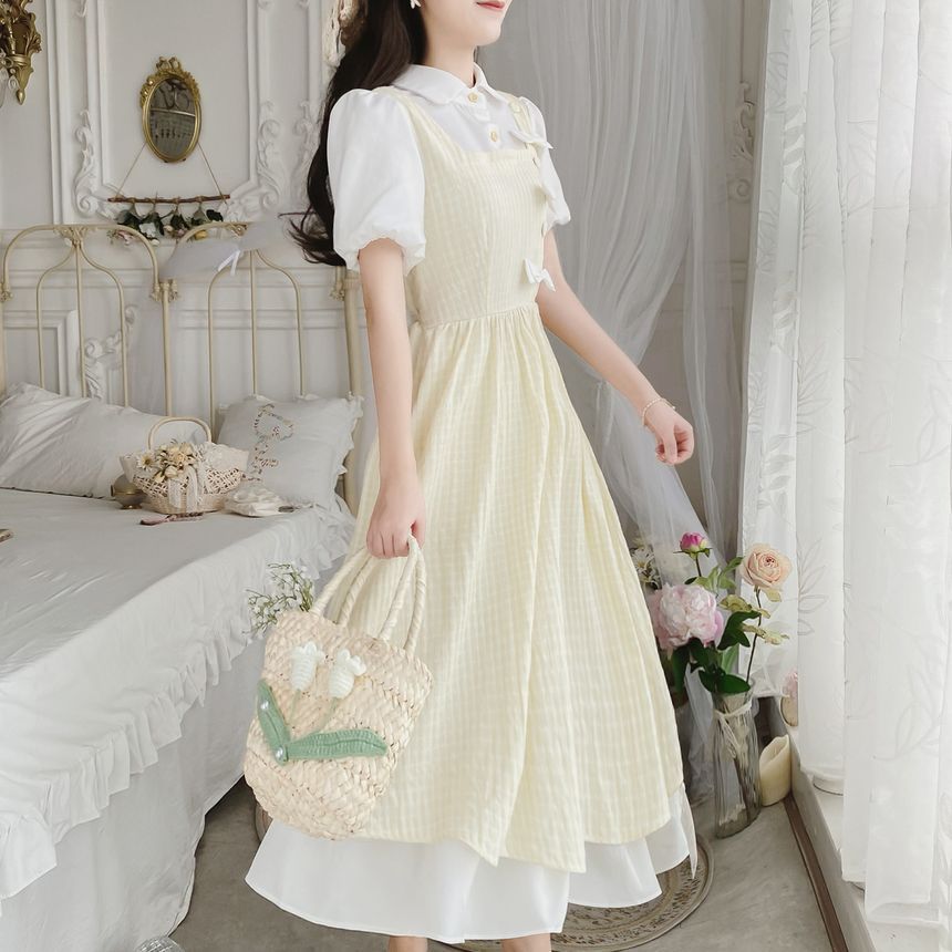 Puff Sleeve Collared Bow Mock Two Piece Midi A-Line Dress