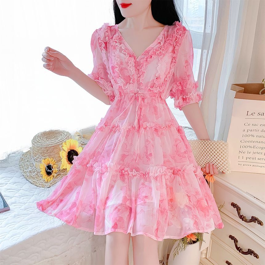 Elbow-Sleeve V-Neck Floral Print Frill Tiered Button A-Line Dress