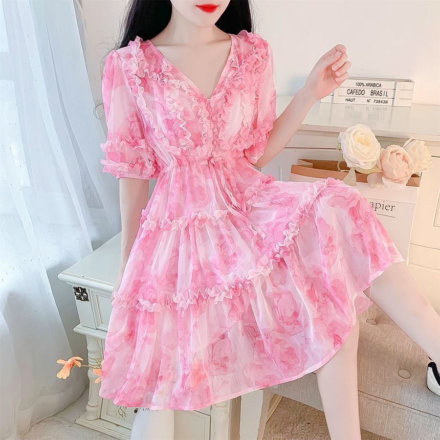 Elbow-Sleeve V-Neck Floral Print Frill Tiered Button A-Line Dress