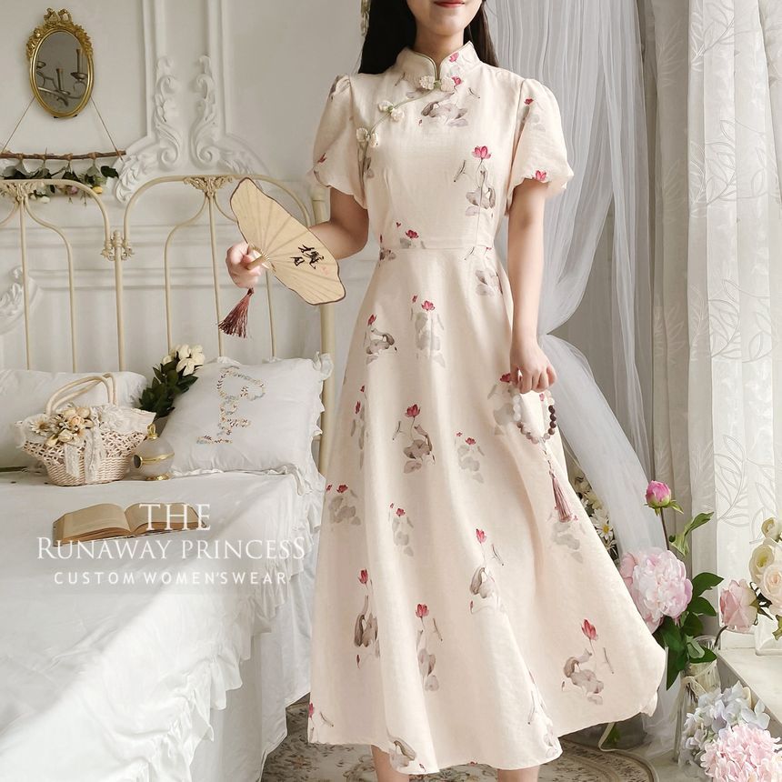 Puff Sleeve Mandarin Collar Floral Print Midi A-Line Dress