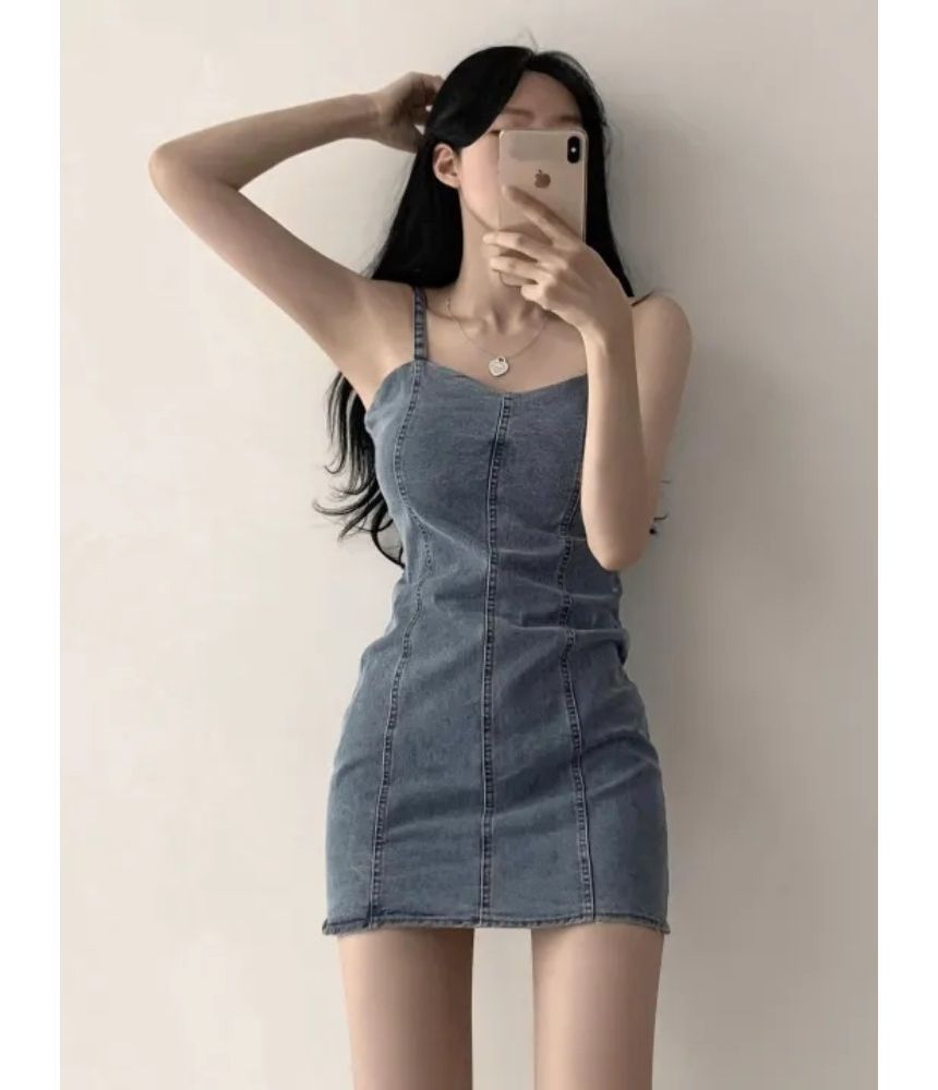 Spaghetti Strap Plain Denim Mini Bodycon Dress