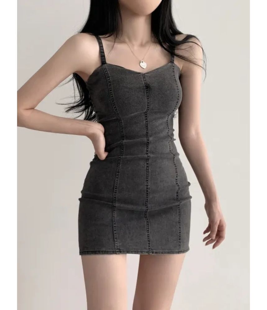 Spaghetti Strap Plain Denim Mini Bodycon Dress