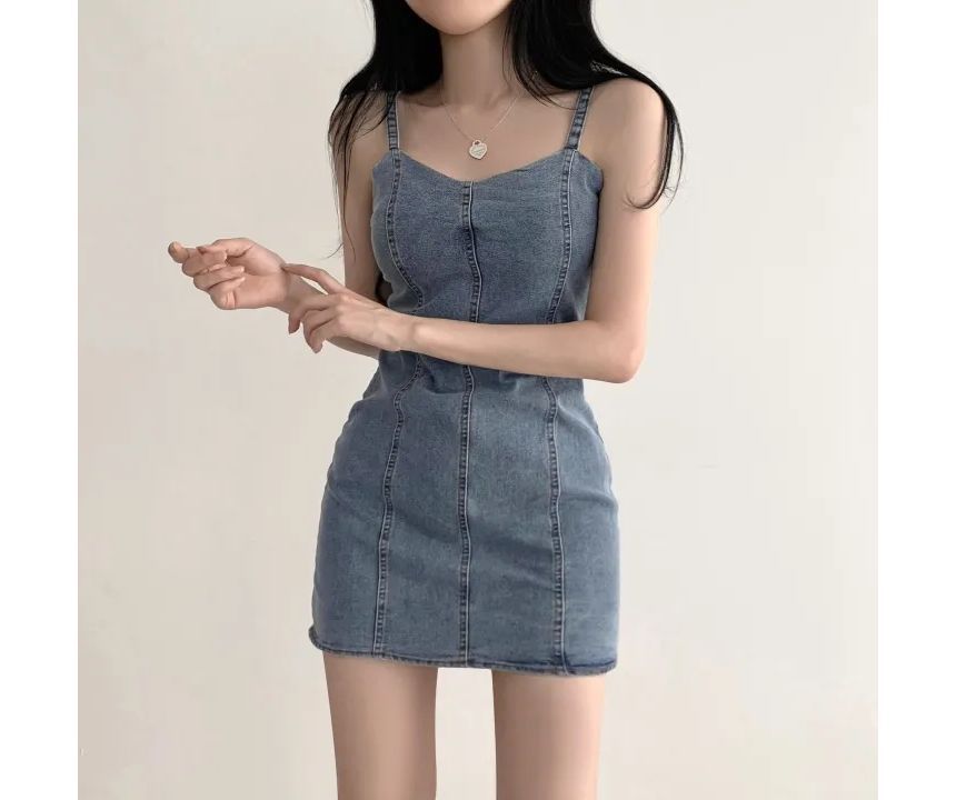 Spaghetti Strap Plain Denim Mini Bodycon Dress