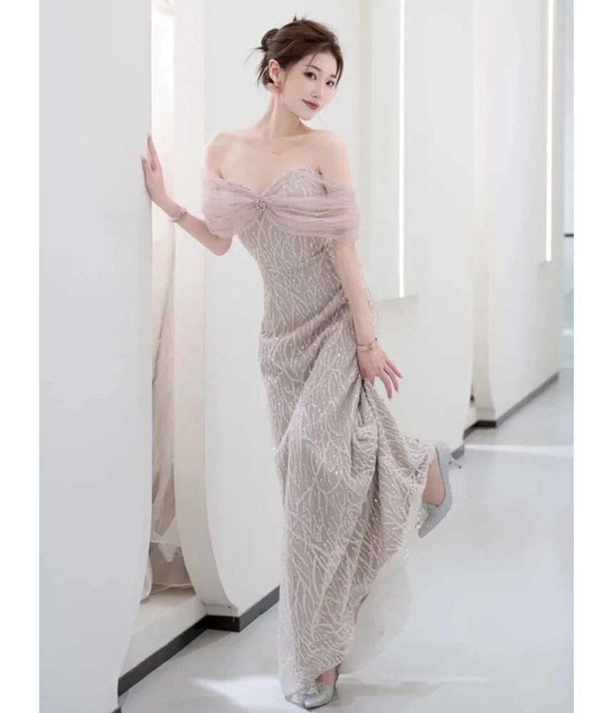 Off-Shoulder Sequined Rhinestone Bow A-Line Mesh Evening Gown