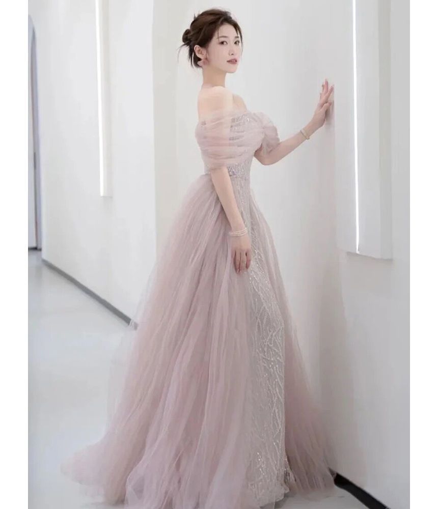 Evening Mesh A-Line Bow Sequined Rhinestone Off-Shoulder Gown