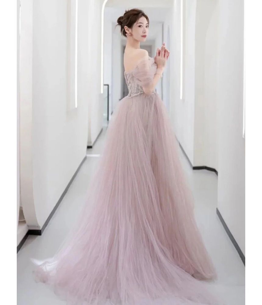 Off-Shoulder Sequined Rhinestone Bow A-Line Mesh Evening Gown