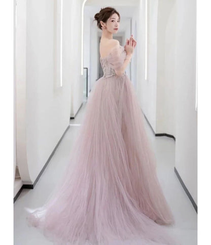 Off-Shoulder Sequined Rhinestone Bow A-Line Mesh Evening Gown