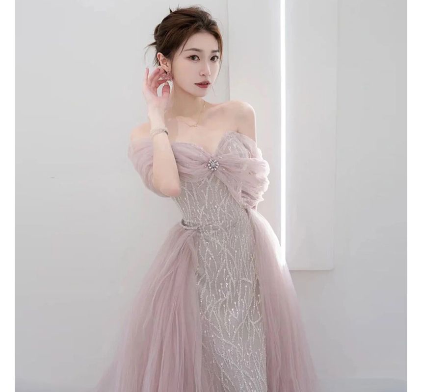 Evening Mesh A-Line Bow Sequined Rhinestone Off-Shoulder Gown