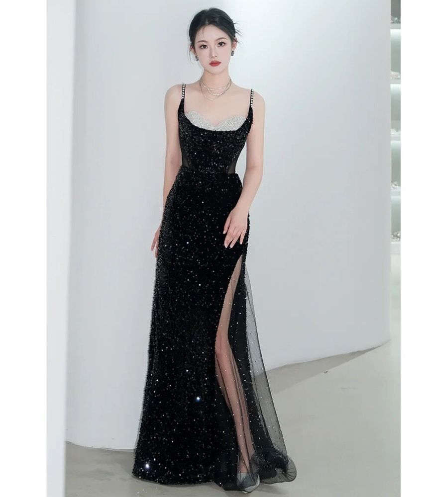 Evening Spaghetti Gown Faux Sequined Mermaid Panel Pearl Mesh Strap