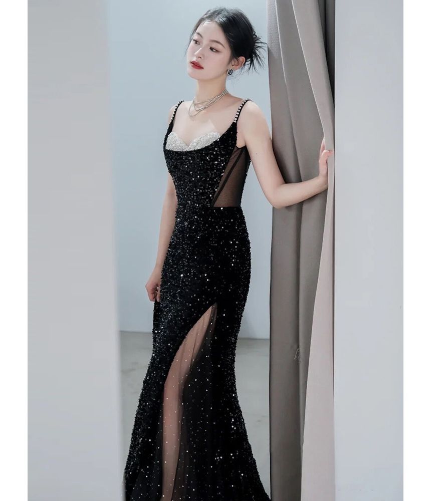 Evening Spaghetti Gown Faux Sequined Mermaid Panel Pearl Mesh Strap