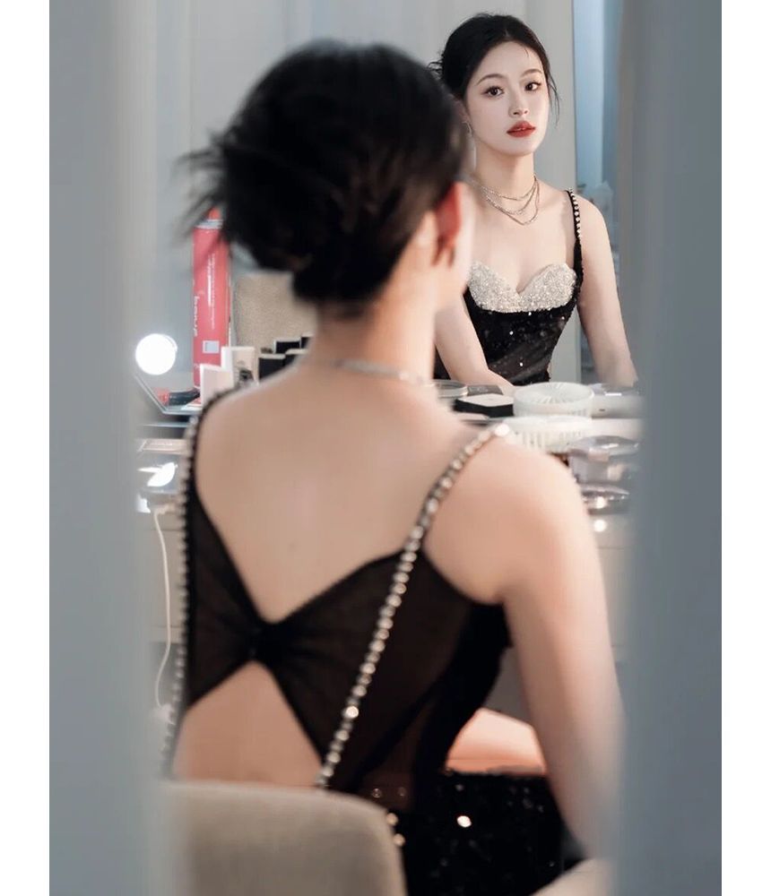 Evening Spaghetti Gown Faux Sequined Mermaid Panel Pearl Mesh Strap