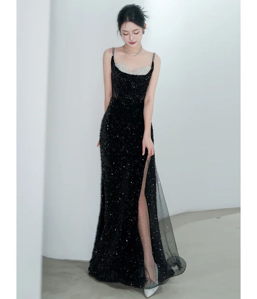 Evening Spaghetti Gown Faux Sequined Mermaid Panel Pearl Mesh Strap