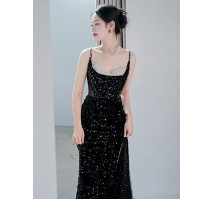 Evening Spaghetti Gown Faux Sequined Mermaid Panel Pearl Mesh Strap