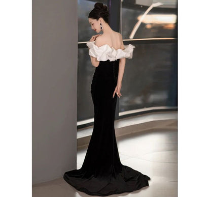 Off-Shoulder Ruffled two-Tone Velvet Mermaid Evening Gown