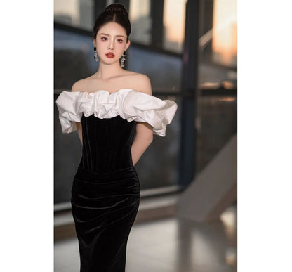 Off-Shoulder Ruffled two-Tone Velvet Mermaid Evening Gown
