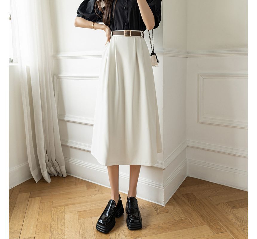 High Waist Plain Midi A-Line Skirt